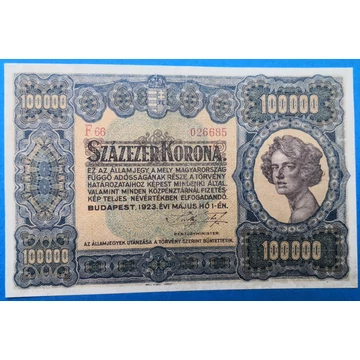 1923. 100.000 Korona EF, "kisalakú" Orell-Füssli Pénzjegynyomda
