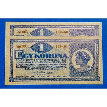 1920.   1 Korona  UNC  Sorszámkövető