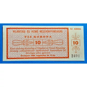 1920. 10 Korona UNC Világítási és Vízmű Rt