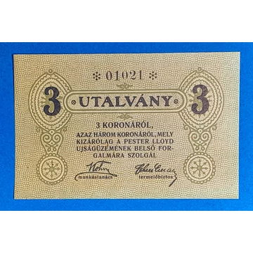 1919.   3 Korona UNC Pester Lloyd
