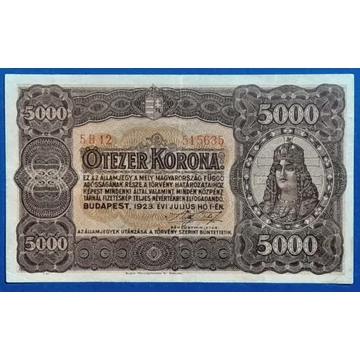 1923.  5.000  Korona  VF  "kis alakú" Magyar Pénzjegynyomda jelöléssel