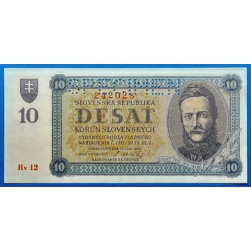 1943. 10 Korun UNC "SPECIMEN" perforációval