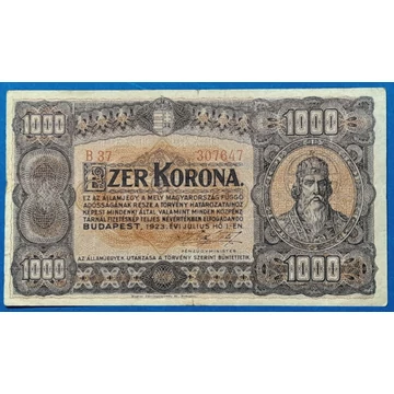 1923.  1.000 Korona F "kis alakú" Magyar Pénzjegynyomda jelöléssel