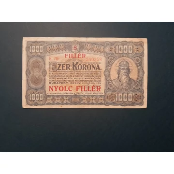 1923.  1.000 Korona F  "8 FILLÉR.." felülbélyegzéssel, "kis alakú" nyomdahely nélküli