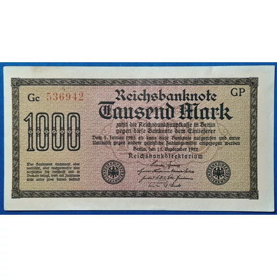 1922. 1.000 Mark VF, piros sorszámmal