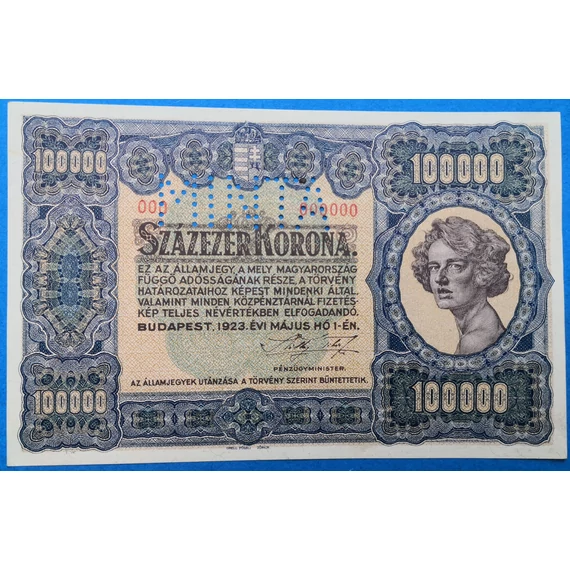 1923. 100.000 Korona " MINTA" perforációval AUNC, Orell-Füssli Pénzjegynyomda,