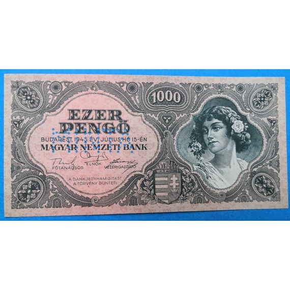 1945.    1.000 Pengő AUNC "MINTA" perforációval, sorszám nélkül