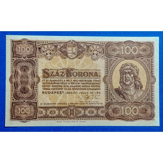 1923.   100 Korona UNC "kis alakú" Magyar Pénzjegynyomda jelöléssel