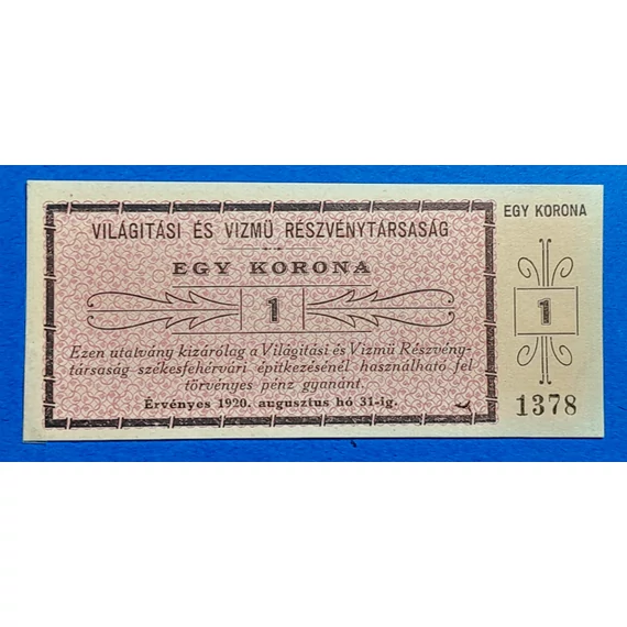 1920.  1 Korona UNC Világítási és Vízmű Rt
