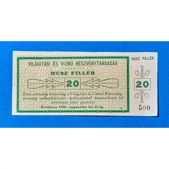 1920.   20 fillér  UNC  Világítási és Vízmű Rt