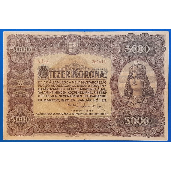 1920. 5.000 Korona VF  "nagy alakú" Orell Füssli nyomdahely jelöléssel