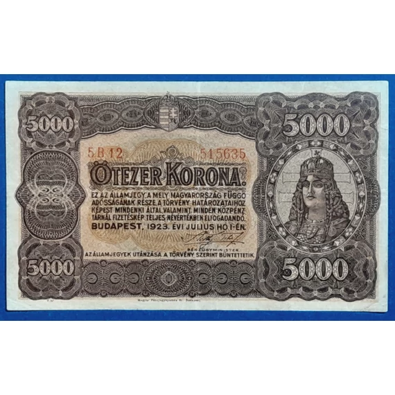 1923.  5.000  Korona  VF  "kis alakú" Magyar Pénzjegynyomda jelöléssel