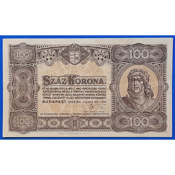 1923.   100 Korona F  "kis alakú" Magyar Pénzjegynyomda jelöléssel