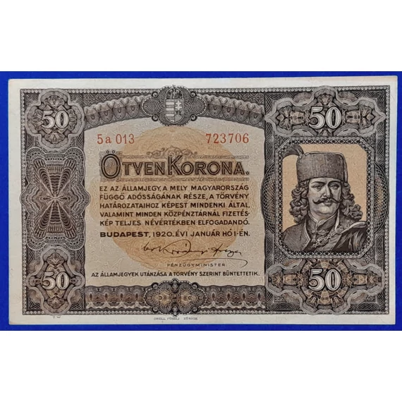 1920.  50 Korona AUNC  Orell Füssli nyomdahely jelöléssel