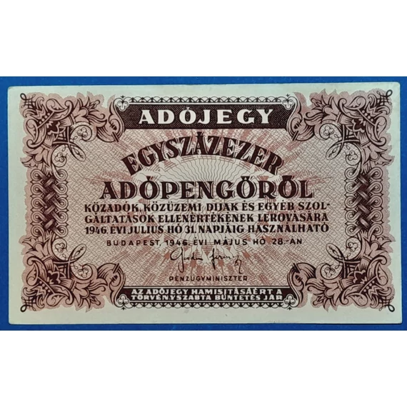 1946. 100.000    Adópengő EF fehér papíron - sorszám nélkül