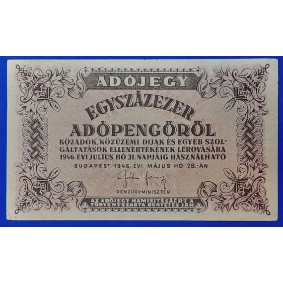 1946. 100.000   Adópengő F+ vízjeles papíron - sorszám nélkül