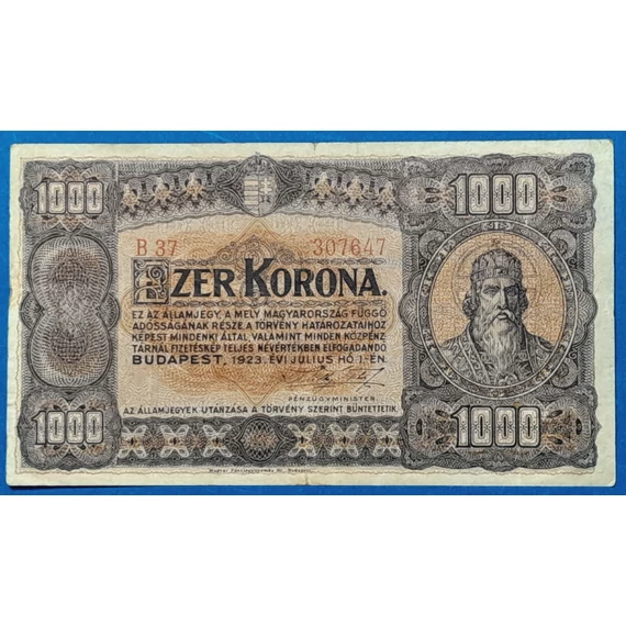 1923.  1.000 Korona F "kis alakú" Magyar Pénzjegynyomda jelöléssel