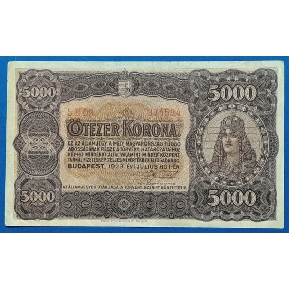 1923.  5.000  Korona F  "kis alakú" Magyar Pénzjegynyomda jelöléssel