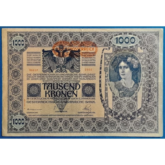1902. 1.000 Korona  VF- "DEUTSCHÖSTERREICH" felülbélyegzés és ornamentika