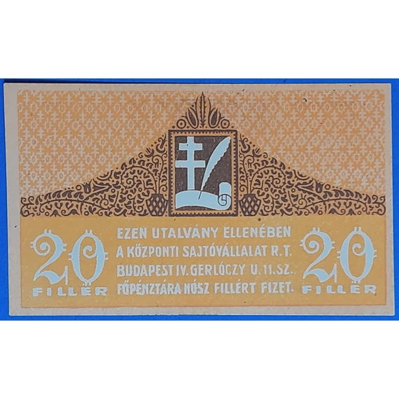 1919.   20 fillér  AUNC SAJTÓVÁLLALAT RT