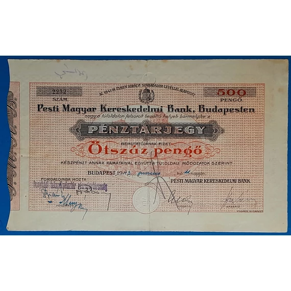 500 Pengő 1943 június - PMKB Pénztárjegy - GOTTONUMIZMATIKA