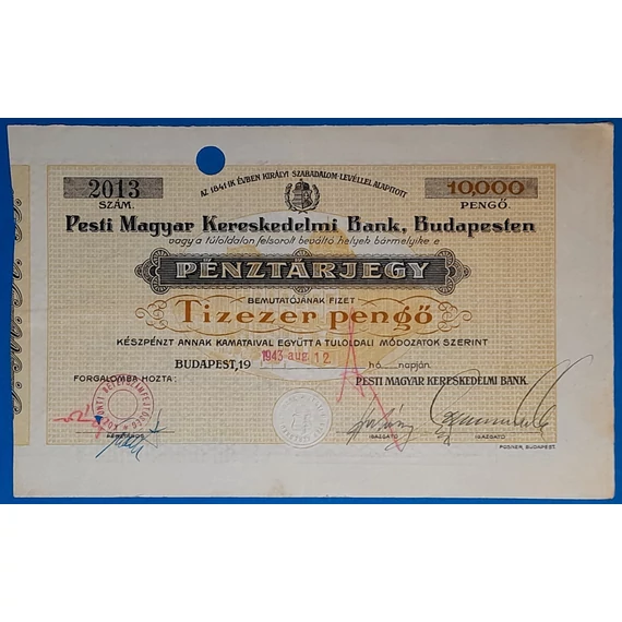 10.000 Pengő 1943 augusztus - PMKB Pénztárjegy - GOTTONUMIZMATIKA