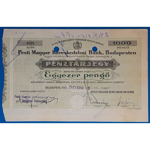 1.000 Pengő 1943 április - PMKB Pénztárjegy - GOTTONUMIZMATIKA