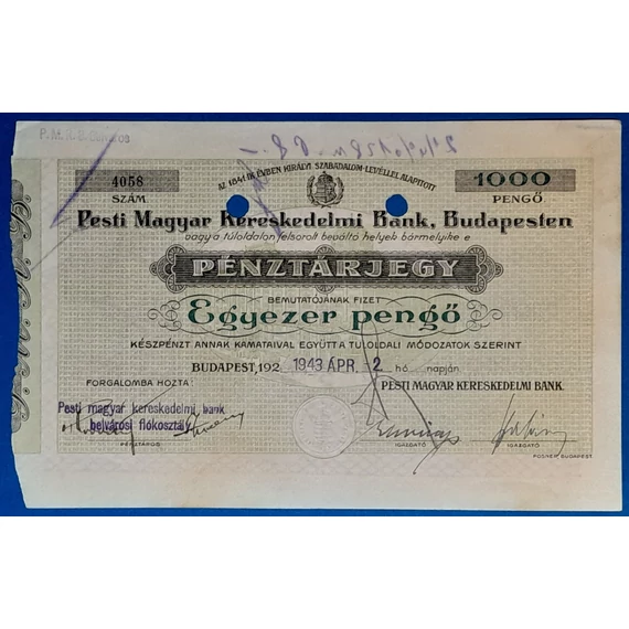 1.000 Pengő 1943 április - PMKB Pénztárjegy - GOTTONUMIZMATIKA