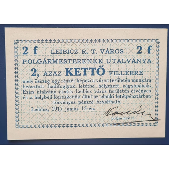 Leibicz 1916. 2 Fillér UNC sorszám nélkül, aláírással