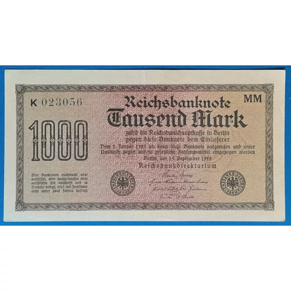 1922. 1.000 Mark VF, fekete sorszámmal