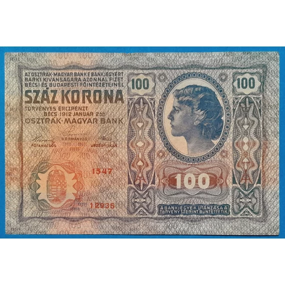 1912.  100 Korona VF "felülbélyegzés nélkül"