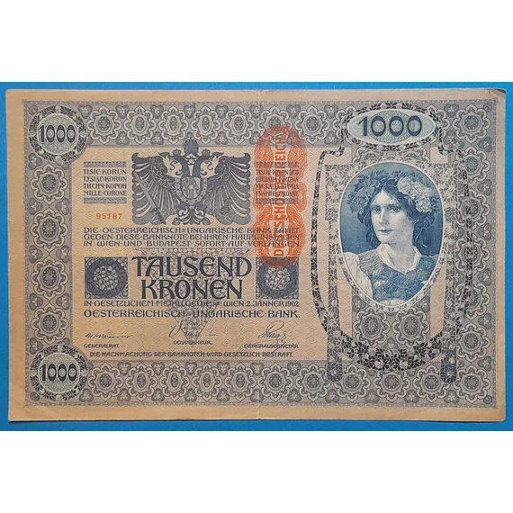 1902. 1.000 Korona F "DEUTSCHÖSTERREICH" felülbélyegzéssel, 1.kiadás