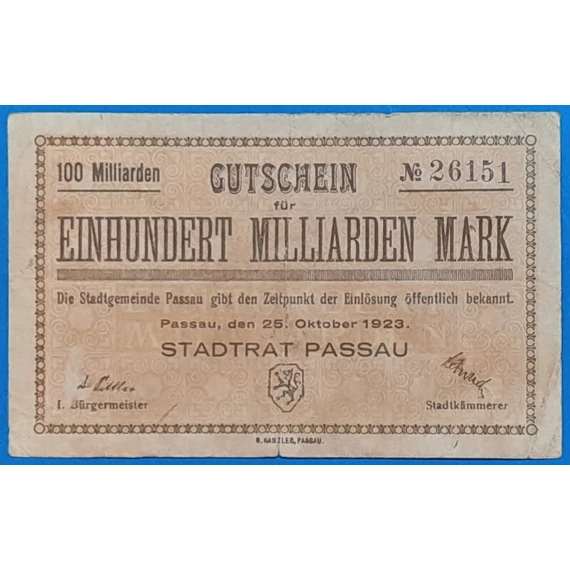 1923. 100.000.000.000 Mark F szükségpénz Passau