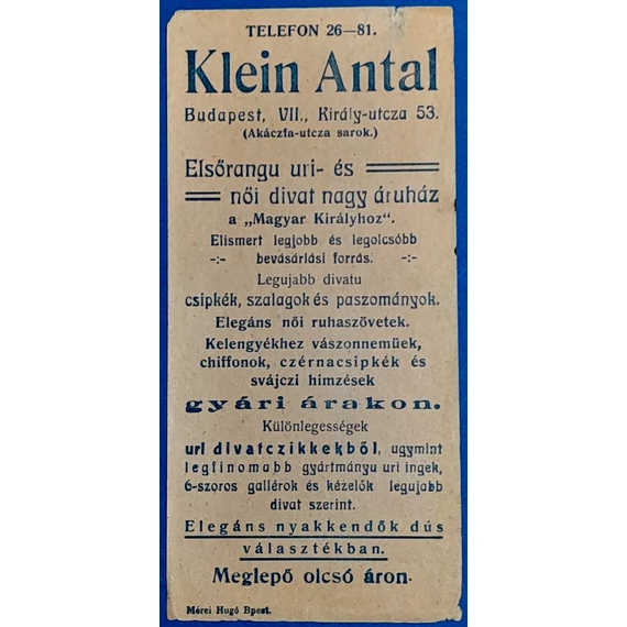 "Klein Antal" Divatáruháza Budapest – Történelmi Számolócédula  GOTTO