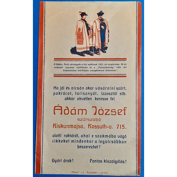 Ádám József kiskunmajsai szűrszabó számolócédulája (1925) GOTTO