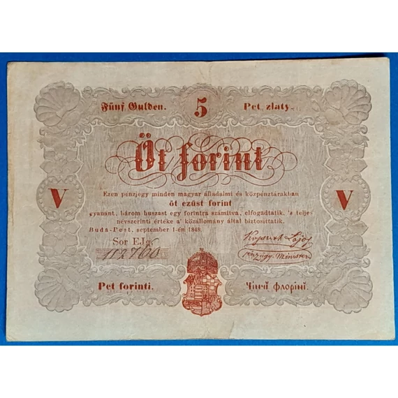 Kossuth-bankó 5 Forint (1848) – Piros nyomatos változat GOTTO