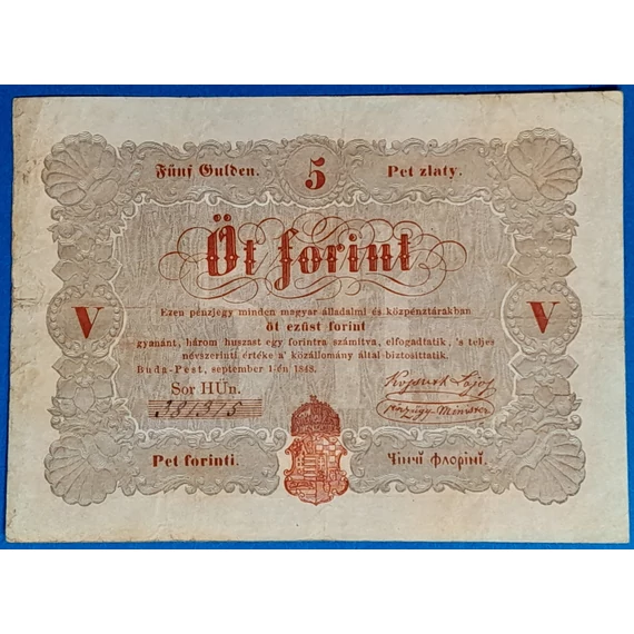 Kossuth-bankó 5 Forint (1848) – Piros nyomatos változat GOTTO