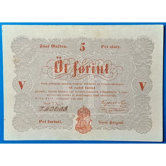 Kossuth-bankó 5 Forint (1848) – Piros nyomatos változat GOTTO