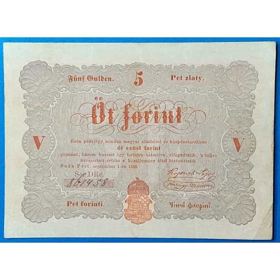 Kossuth-bankó 5 Forint (1848) – Piros nyomatos változat GOTTO