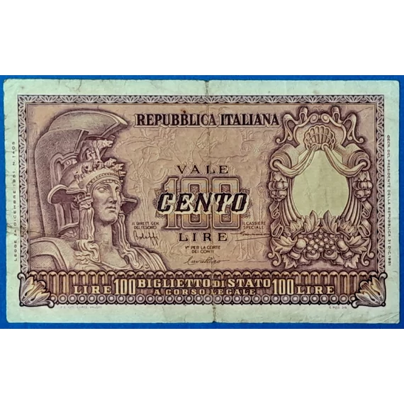 100 Líra 1951 Olasz Állami Jegy GOTTO NUMIZMATIKA