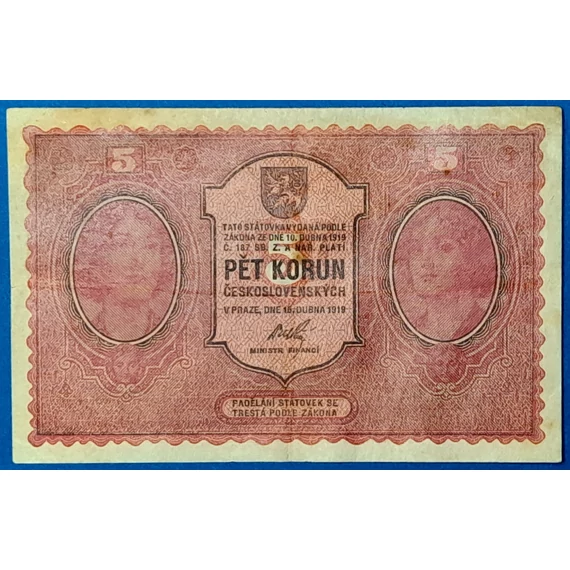 1919-es csehszlovák 5 koronás államjegy GOTTO NUMIZMATIKA