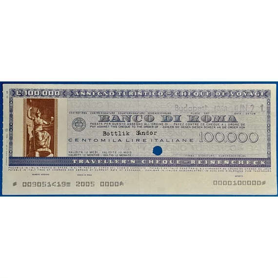 Banco di Roma 100.000 lírás utazási csekk (1968, Budapest) GOTTO