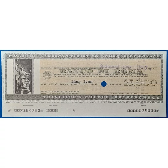 Banco di Roma – 25 000 lírás utazási csekk (Budapest, 1968) GOTTO