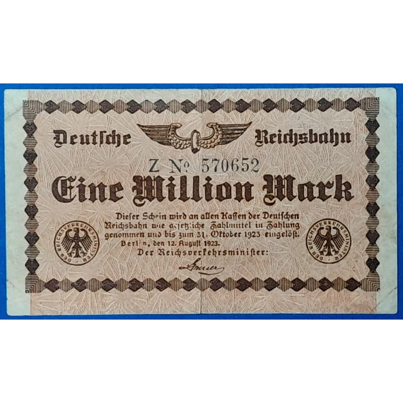 1 Millió Márkás Német Bankjegy (1923) – Deutsche Reichsbahn GOTTO