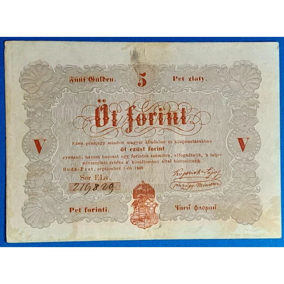 Kossuth 5 Forint 1848. szeptember 1. – Ritka magyar papírpénz GOTTO