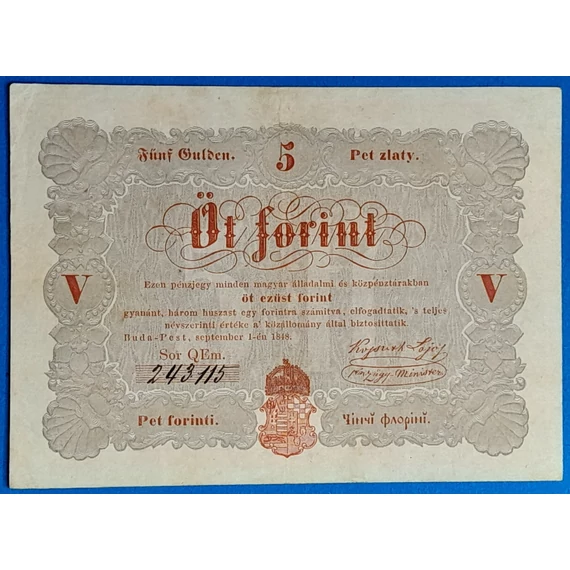 Kossuth 5 Forint 1848. szeptember 1. – Ritka magyar papírpénz GOTTO