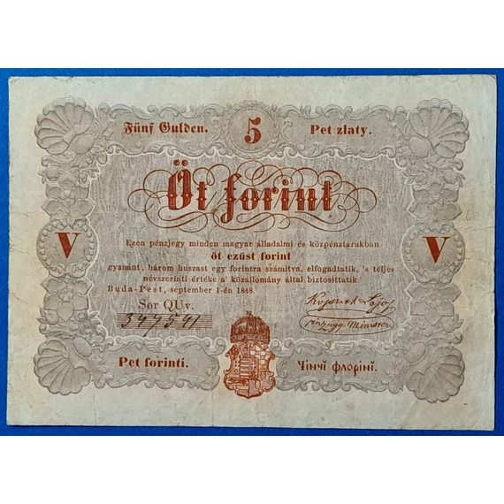 Kossuth 5 Forint 1848. szeptember 1. – Ritka magyar papírpénz GOTTO