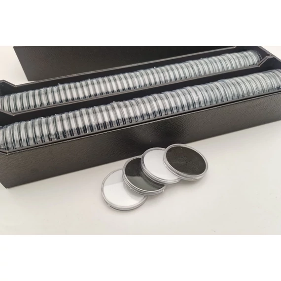 Dobozos érmekapszula, 100 db 46 mm-es, fekete betéttel, elegáns kartondobozban